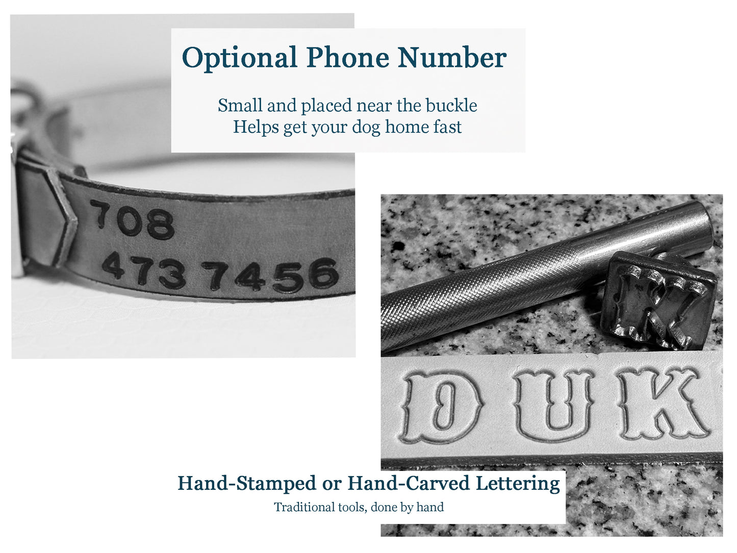 phone number on dog collar close to buckle. Leather strap with stamping tools.