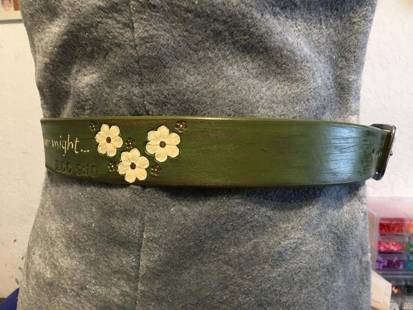 Handcrafted Olive Green Leather Belt: Floral Design, Bible Verse