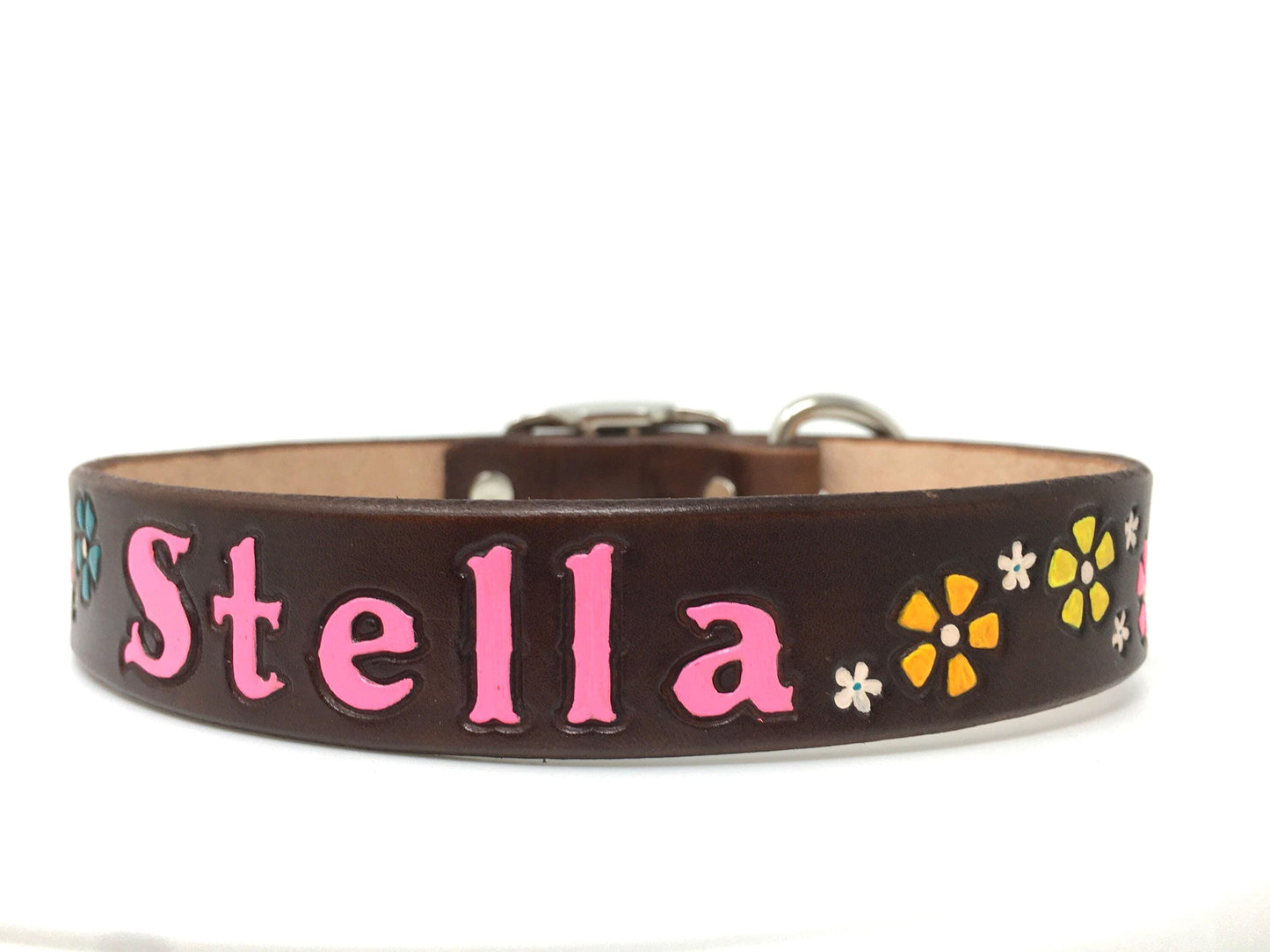 Neon Flower Dog Collar - Matching Collar and Leash - Dark Brown Leather Collar with Retro Style Flowers with or without your Dogs Name.