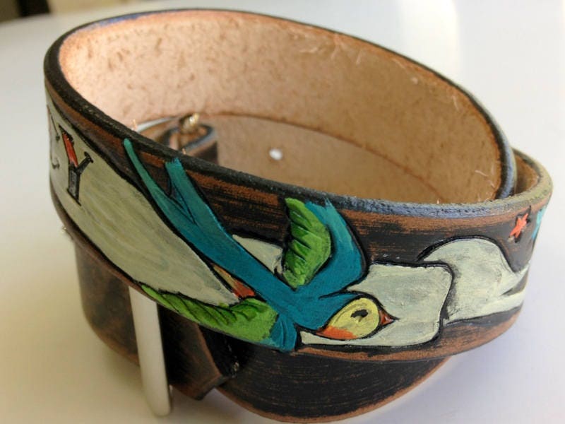 Personalized Leather Dog Collar | Tattoo Dog Collars | Swallow and Banner