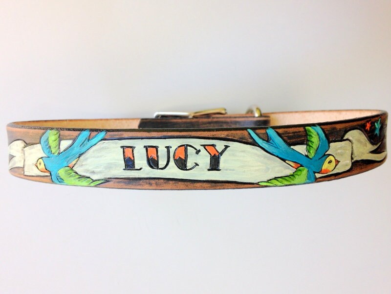Personalized Leather Dog Collar | Tattoo Dog Collars | Swallow and Banner