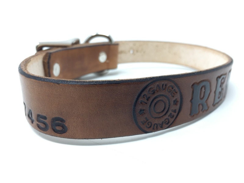 Hunting Dog Collar, Gun Dog Collar Leather Customized with Shotgun Shell Design Name and or Phone Number.