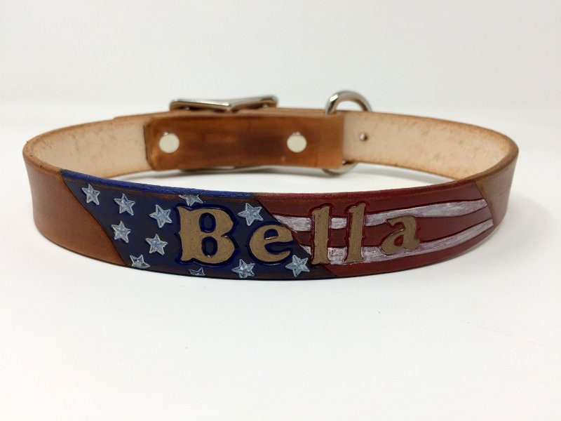 Personalized Brown Leather Dog Collar | Patriotic Dog Collars | with Antique American Flag & Bronze Name
