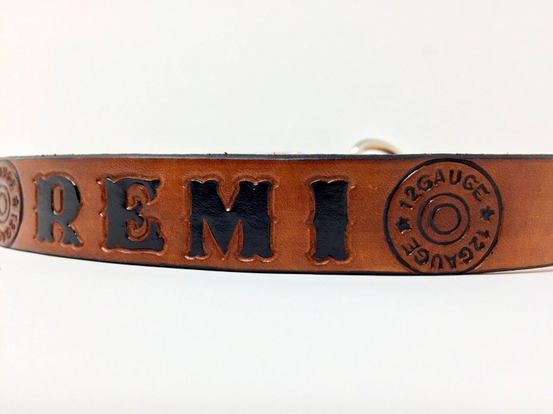 Hunting Dog Collar, Gun Dog Collar Leather Customized with Shotgun Shell Design Name and or Phone Number.