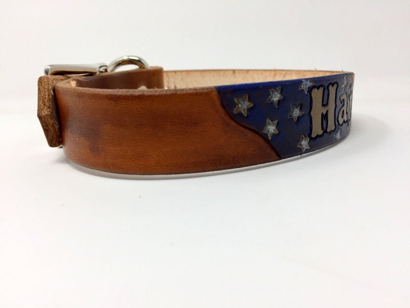 Personalized Brown Leather Dog Collar | Patriotic Dog Collars | with Antique American Flag & Bronze Name