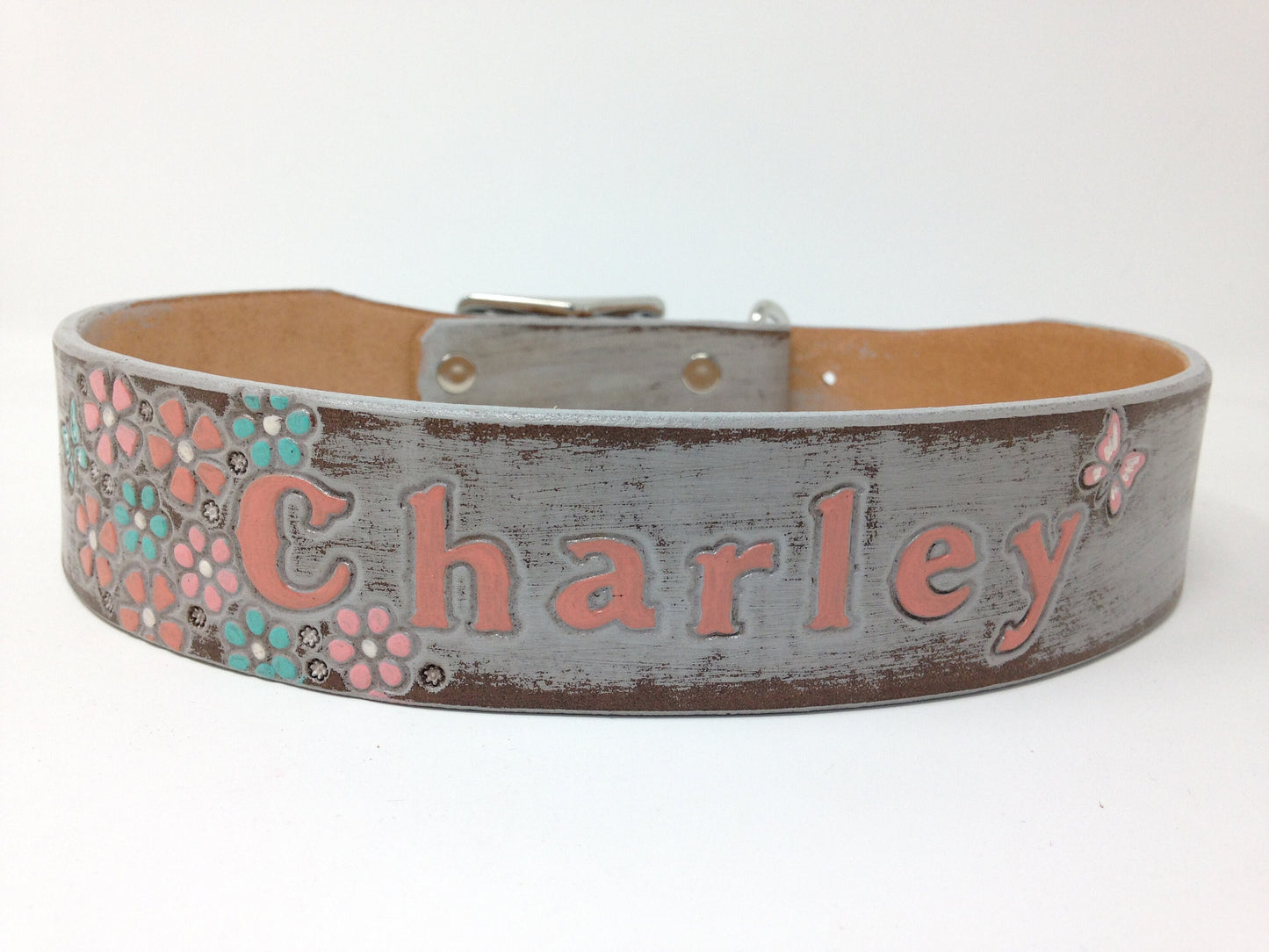 Flower Dog Collar -Flowers on one side of your dogs name - Dog Collar for Girls - Dog Floral Collar - Cute Dog Collar - Matching Leash