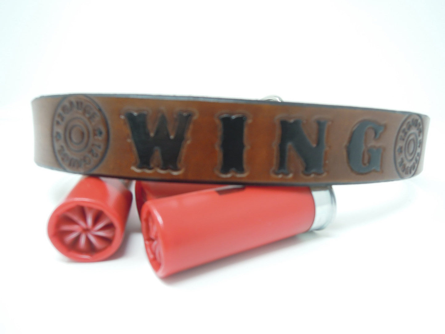 Hunting Dog Collar, Gun Dog Collar Leather Customized with Shotgun Shell Design Name and or Phone Number.
