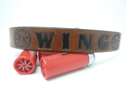 Hunting Dog Collar, Gun Dog Collar Leather Customized with Shotgun Shell Design Name and or Phone Number.