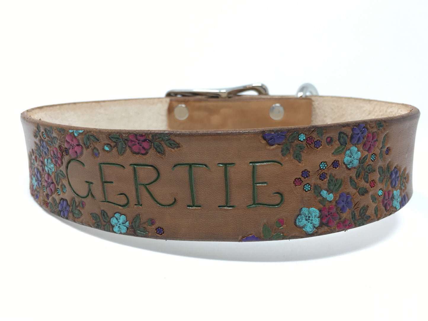 Hand-Carved Floral Design Personalized Leather Dog Collar for Big Girl Dogs