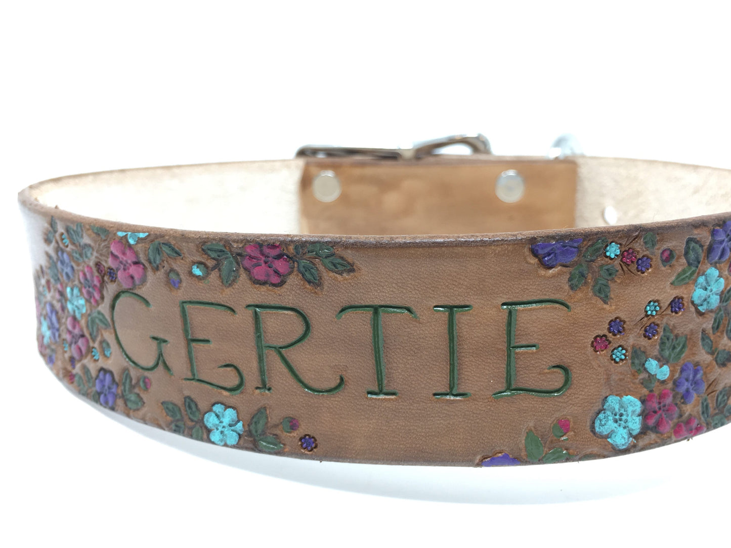Hand-Carved Floral Design Personalized Leather Dog Collar for Big Girl Dogs