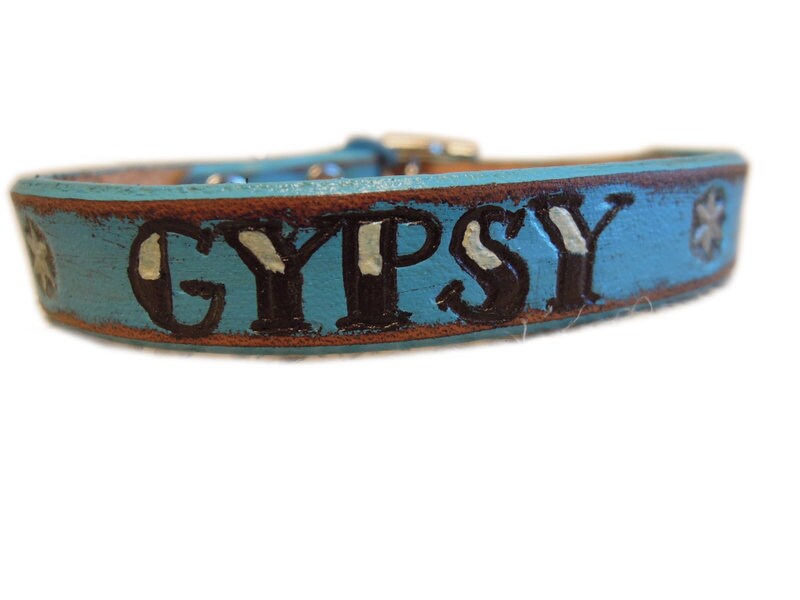 Personalized Leather Cat Collar: Turquoise Bison Brown, Tattoo Font