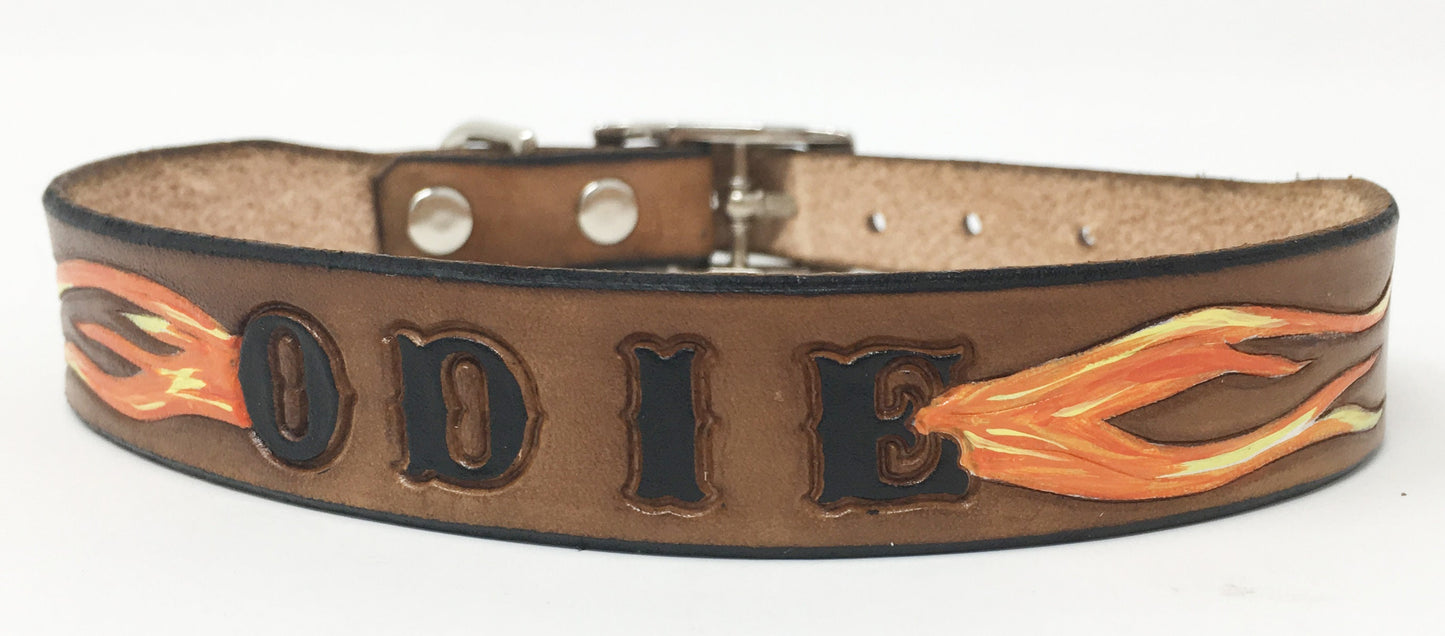 Hand Painted Flame Design -  Classic Leather Dog Collar –  for Bold Dogs