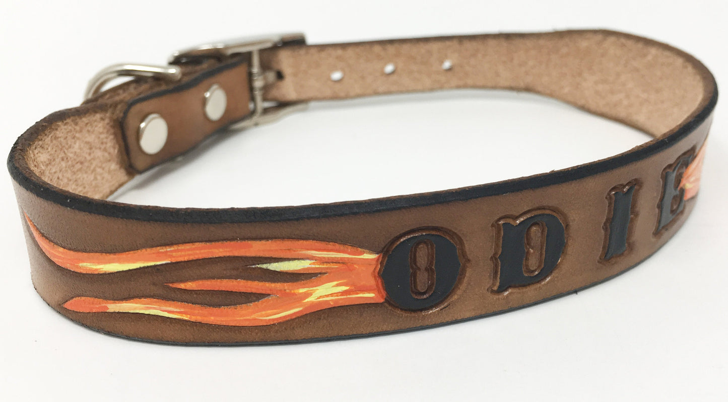 Hand Painted Flame Design -  Classic Leather Dog Collar –  for Bold Dogs