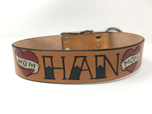 Mom Heart Leather Handmade Collar - Tattoo Dog Collars - for Dog Moms