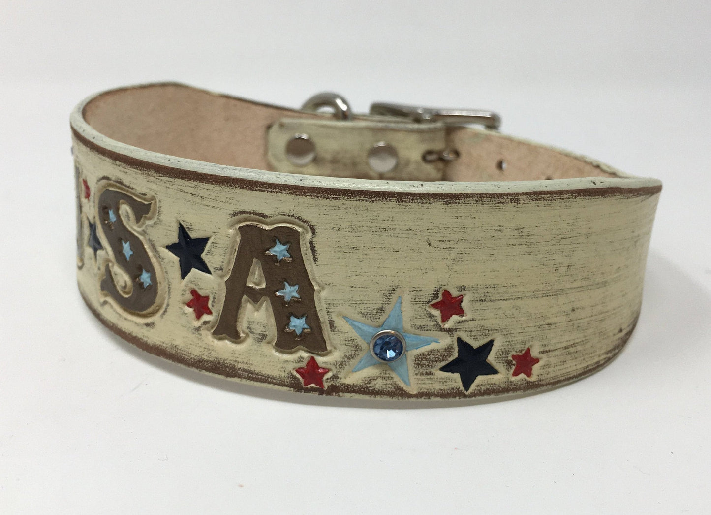 Personalized Patriotic Leather Dog Collar - 4th of July Theme - Engraved American Flag Design