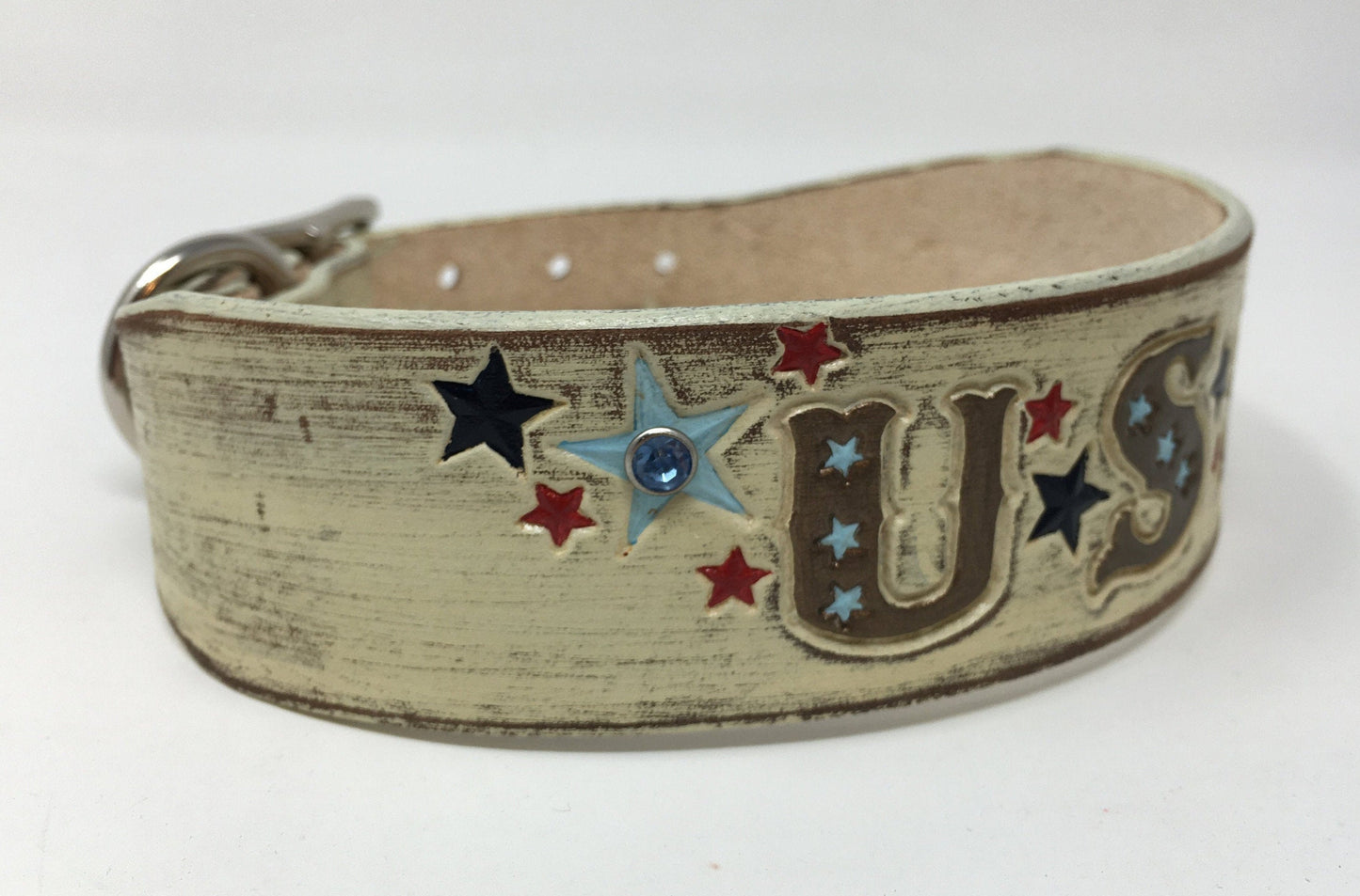 Personalized Patriotic Leather Dog Collar - 4th of July Theme - Engraved American Flag Design