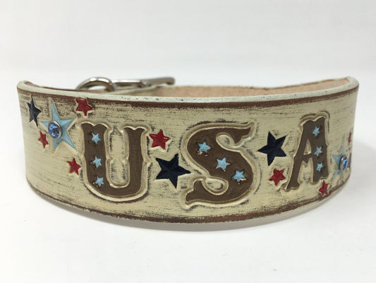 Personalized Patriotic Leather Dog Collar - 4th of July Theme - Engraved American Flag Design