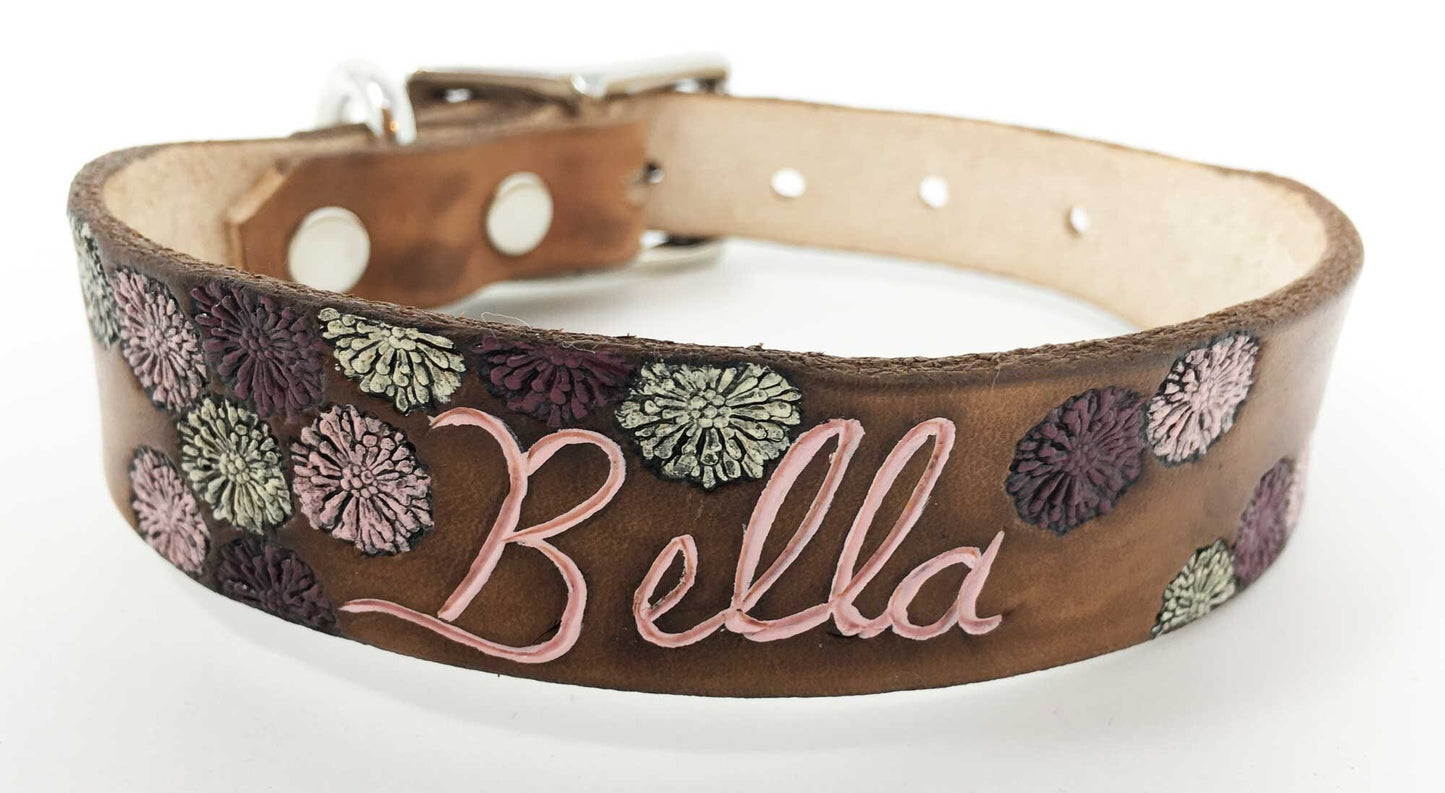 Personalized Leather Girl Dog Collar | Floral Mum Design