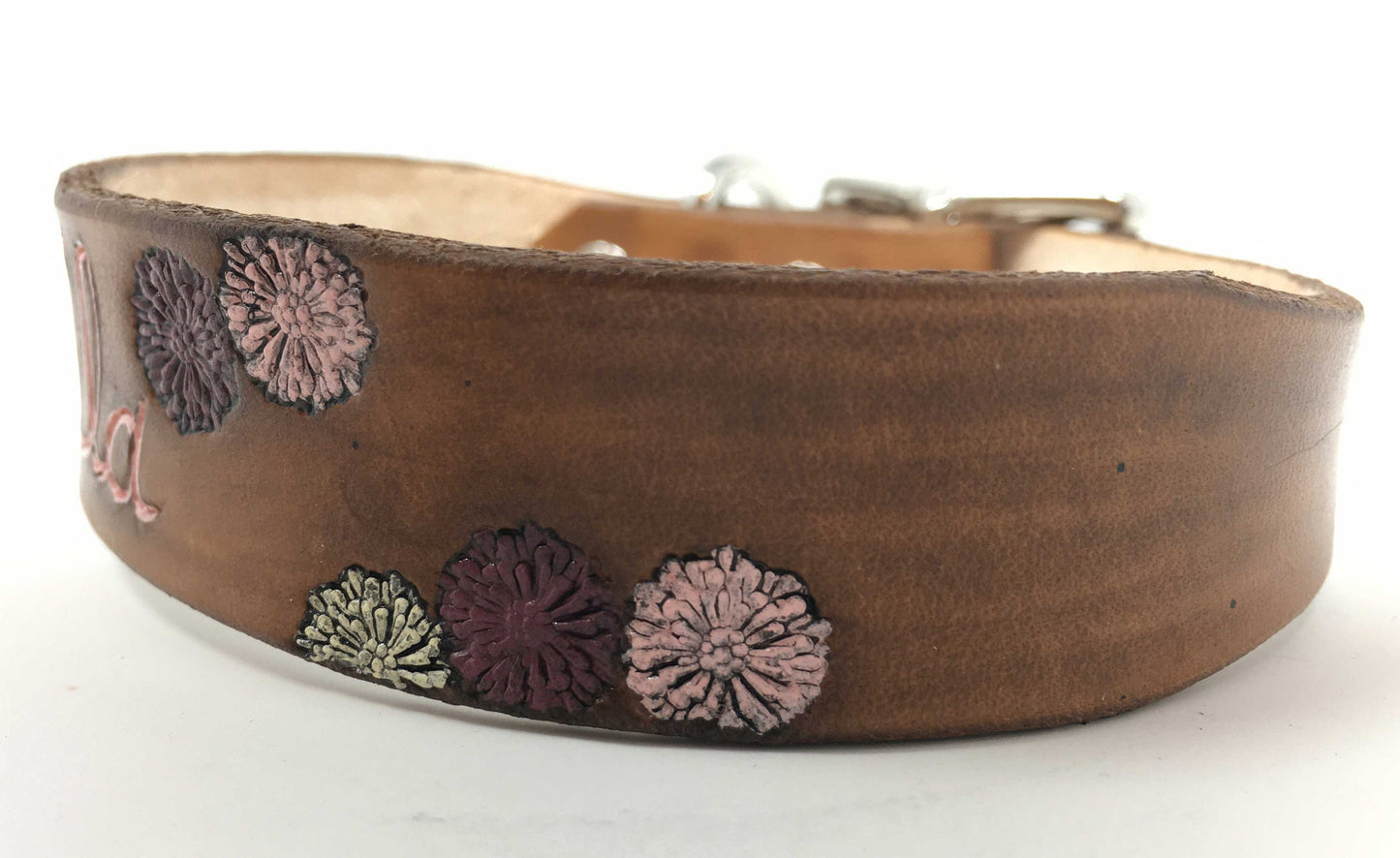 Personalized Leather Girl Dog Collar | Floral Mum Design
