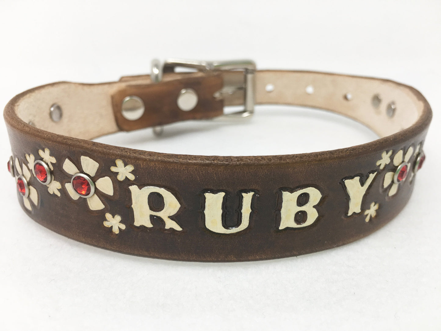 Personalized Dark Brown Collar with Cream Flowers - Girl Dog Collar - For Ruby