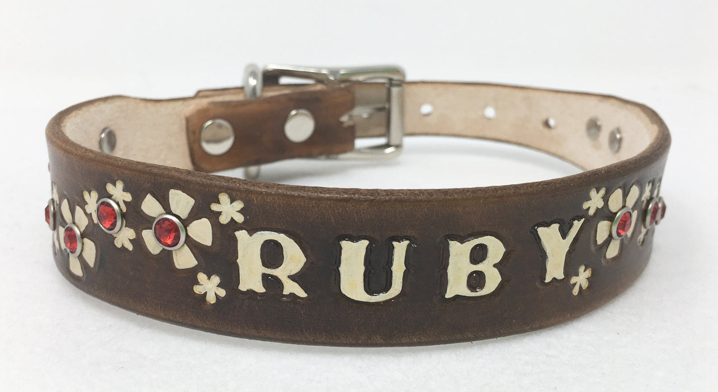 Personalized Dark Brown Collar with Cream Flowers - Girl Dog Collar - For Ruby