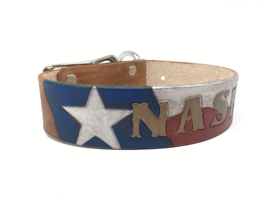 Texas Flag Collar | Leather Dog Collar | with Custom Name Engraving