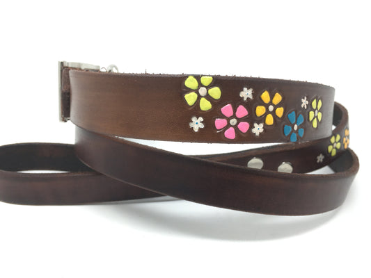 Neon Flower Dog Collar - Matching Collar and Leash - Dark Brown Leather Collar with Retro Style Flowers with or without your Dogs Name.