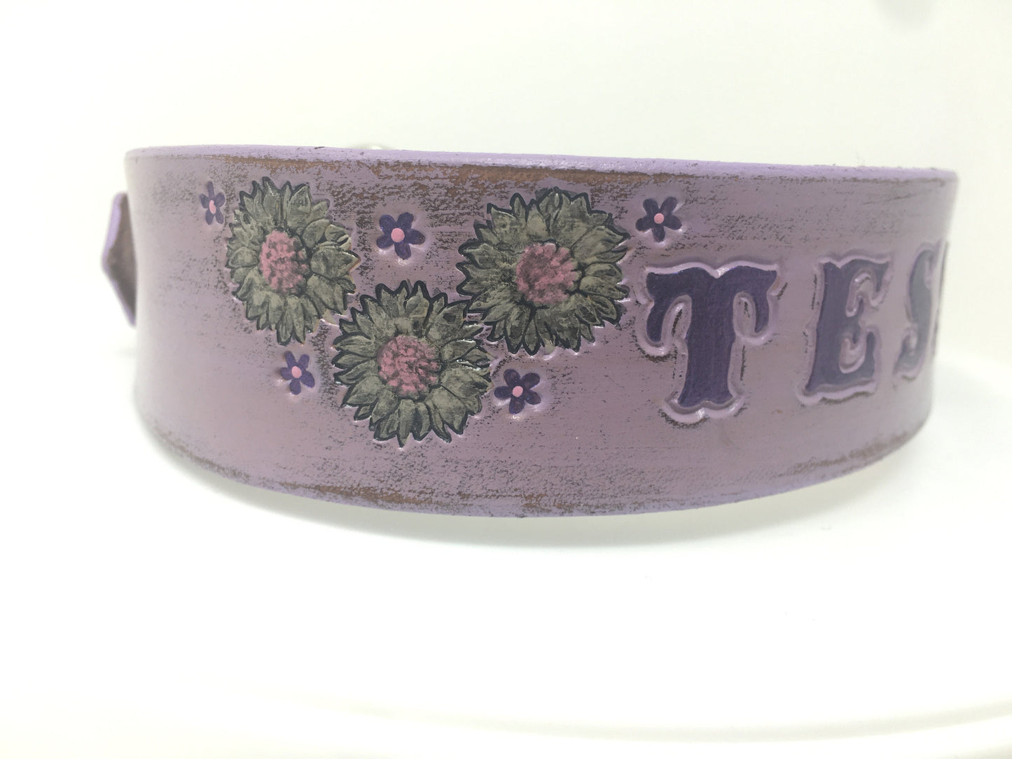 Lavender Distressed Leather - Girl Dog Collar - Floral Personalized Big Dogs