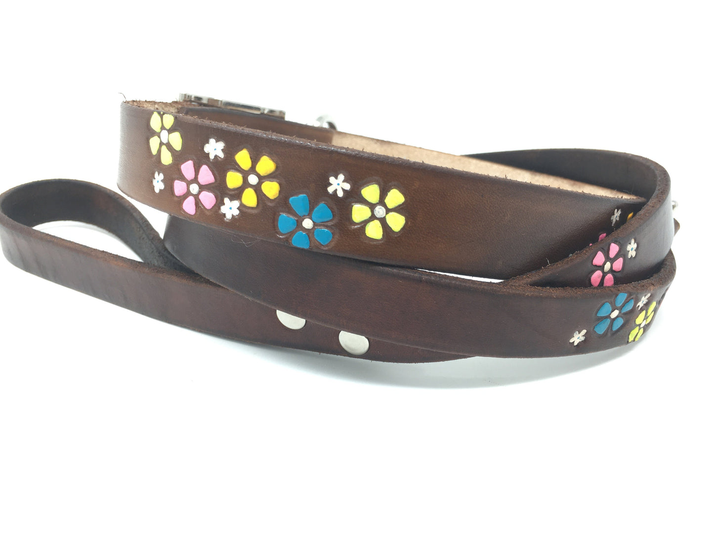 Neon Flower Dog Collar - Matching Collar and Leash - Dark Brown Leather Collar with Retro Style Flowers with or without your Dogs Name.