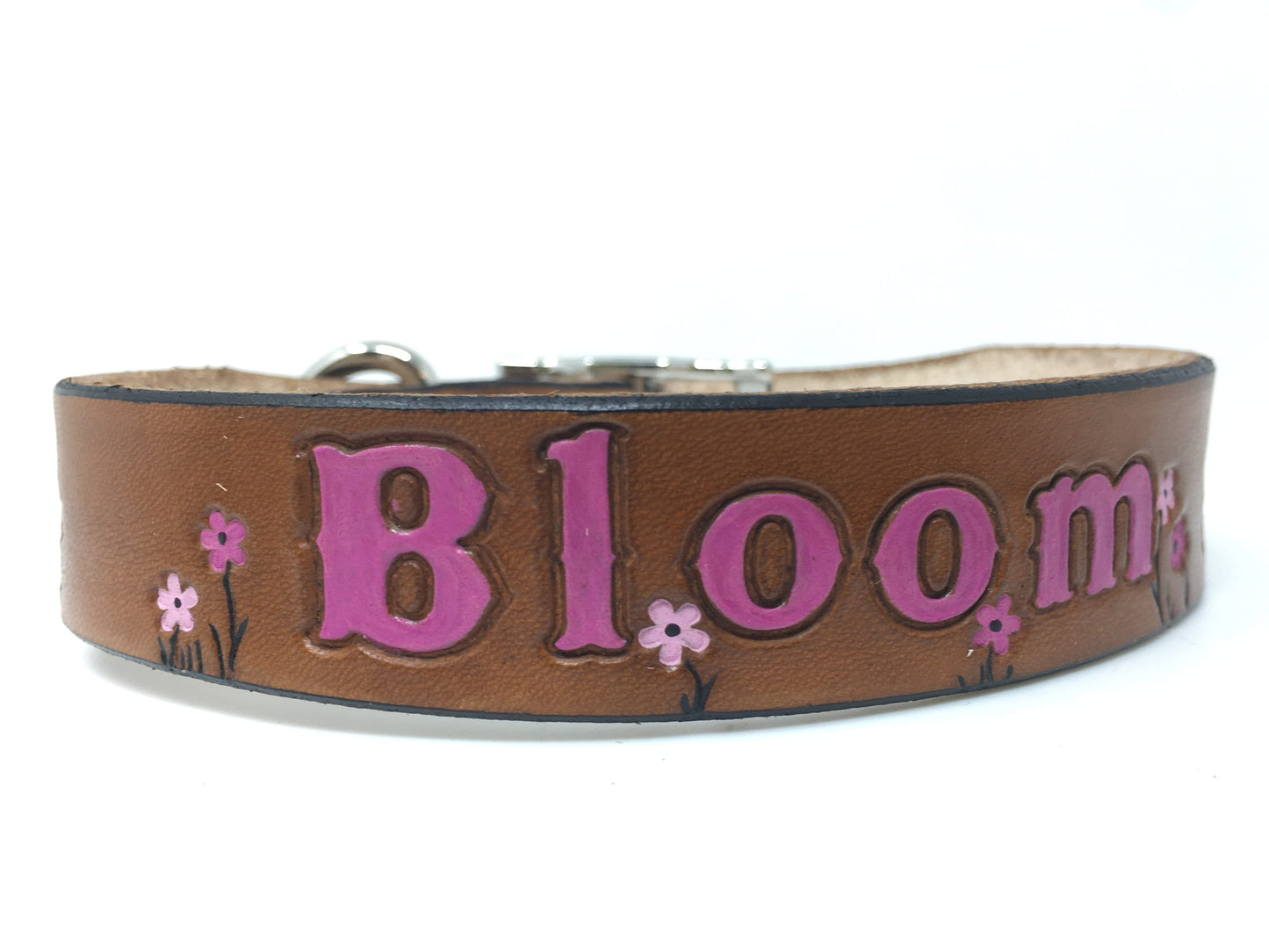 Personalized Orchid Leather Dog Collar with Floral Design - Custom Engraved Pet Accessory