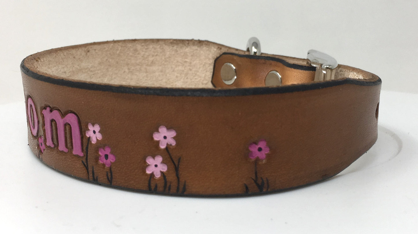Personalized Orchid Leather Dog Collar with Floral Design - Custom Engraved Pet Accessory