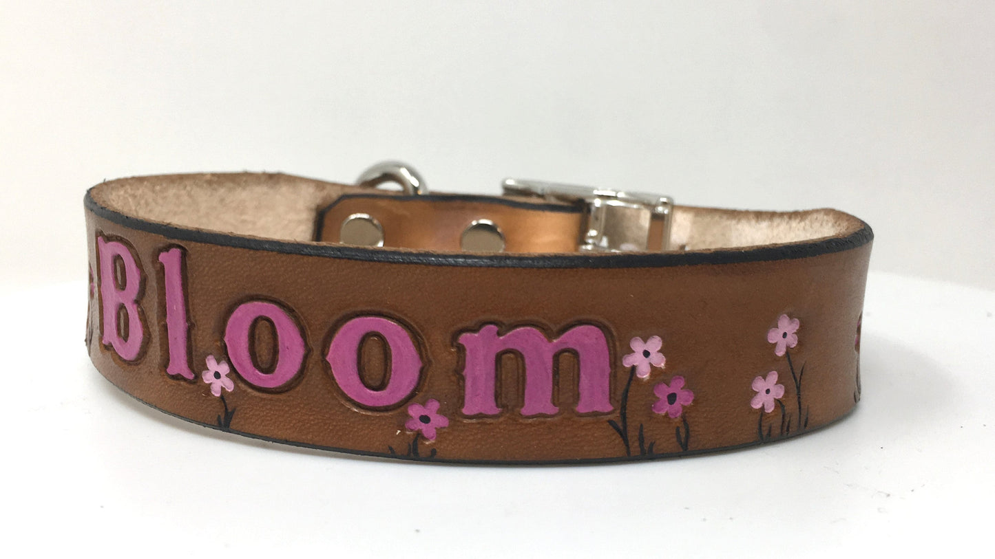 Personalized Orchid Leather Dog Collar with Floral Design - Custom Engraved Pet Accessory