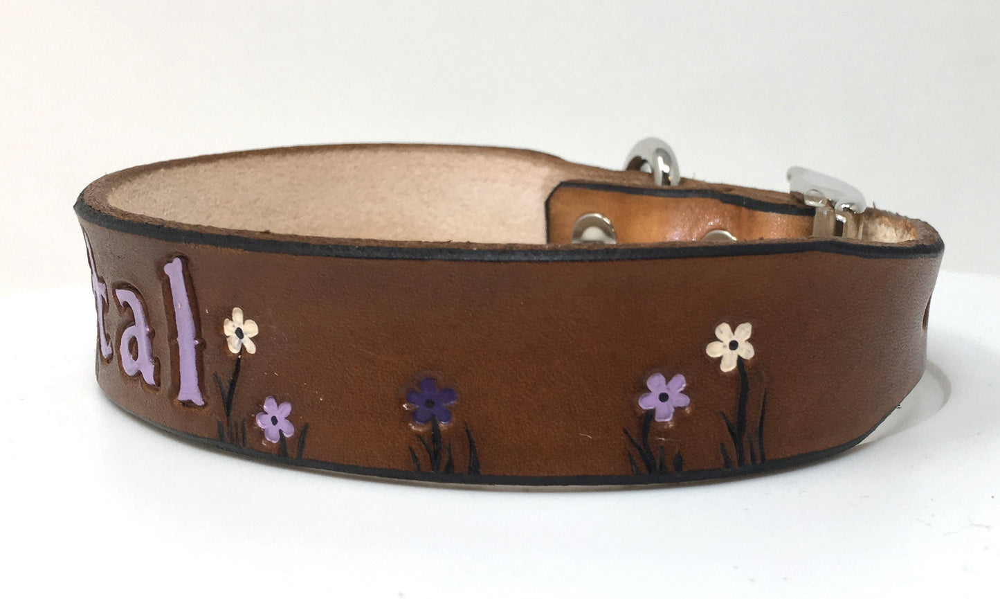 Personalized Leather Dog Collar with Purple, White, and Lilac Floral Design - Custom Pet Accessory