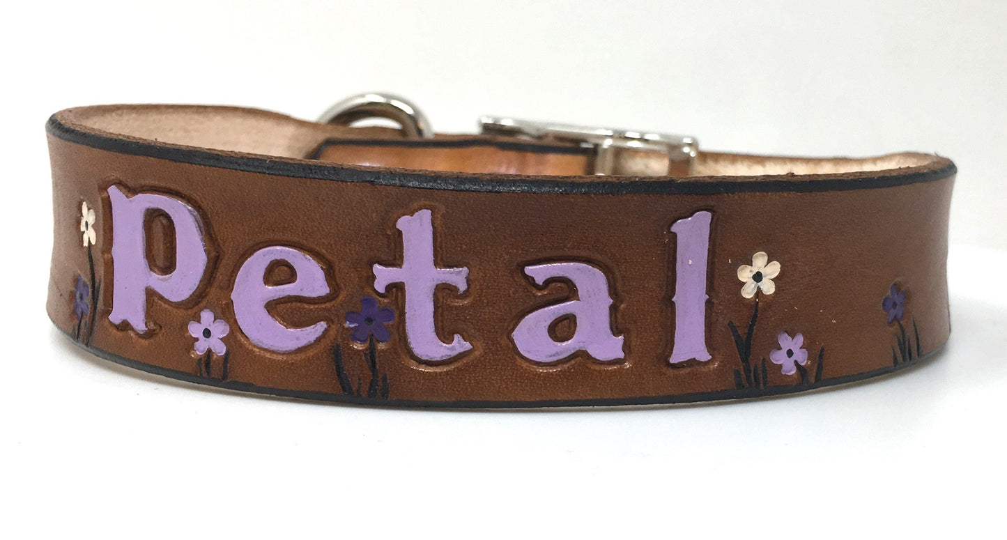 Personalized Leather Dog Collar with Purple, White, and Lilac Floral Design - Custom Pet Accessory