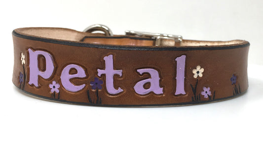 Personalized Leather Dog Collar with Purple, White, and Lilac Floral Design - Custom Pet Accessory
