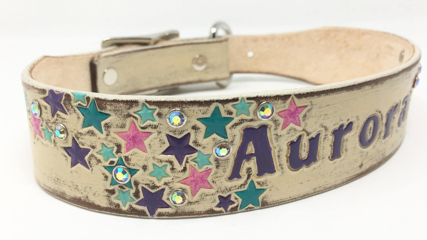 Rhinestone & Star Design - Leather Dog Collar - for Tough and Girly Dogs