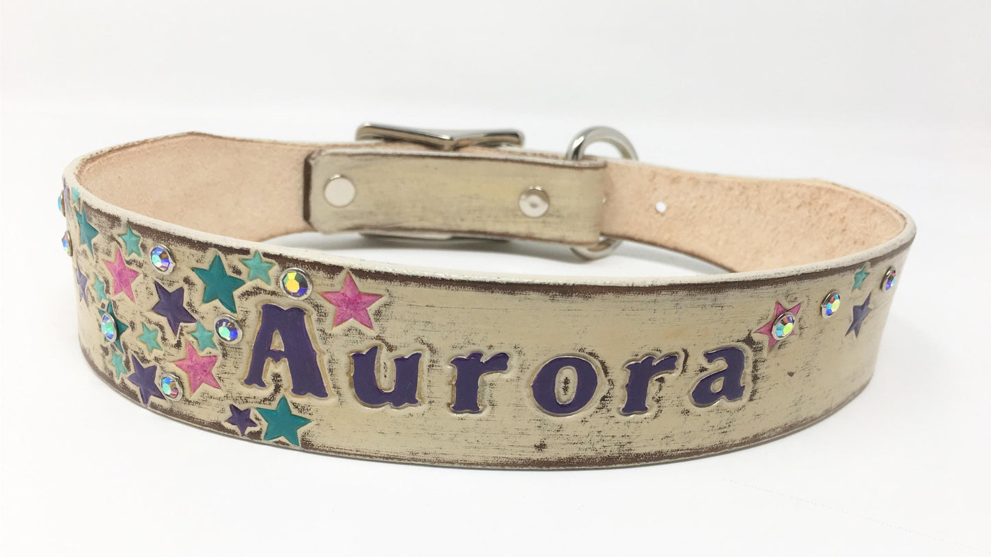 Rhinestone & Star Design - Leather Dog Collar - for Tough and Girly Dogs