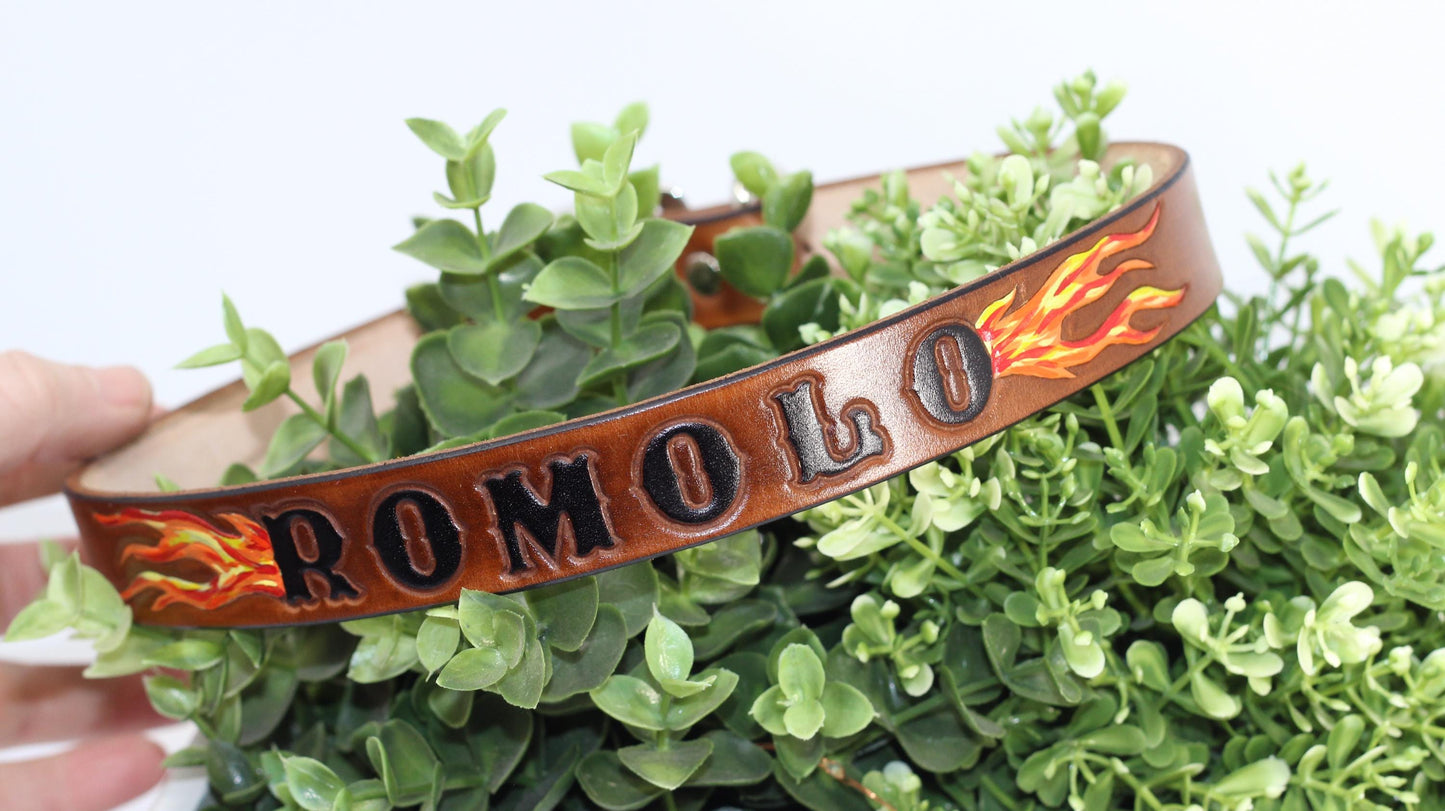 Hand Painted Flame Design -  Classic Leather Dog Collar –  for Bold Dogs