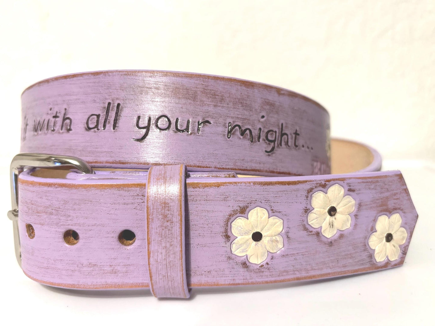 Hand-Painted Lavender Leather Belt: Distressed Floral Design