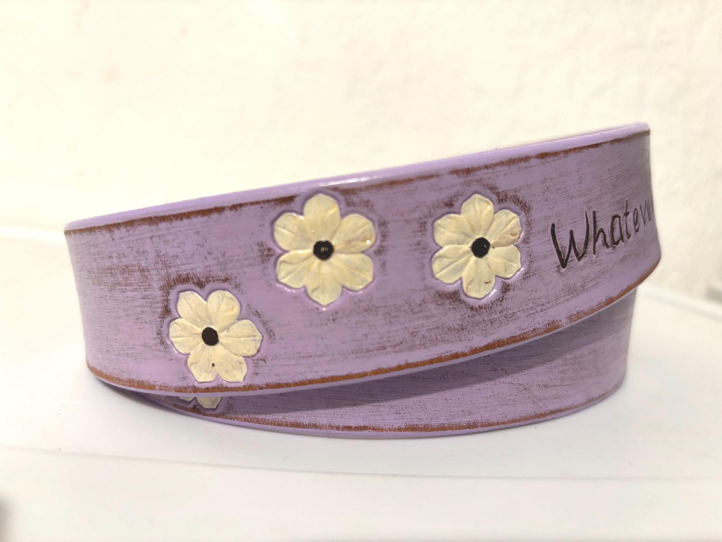 Hand-Painted Lavender Leather Belt: Distressed Floral Design