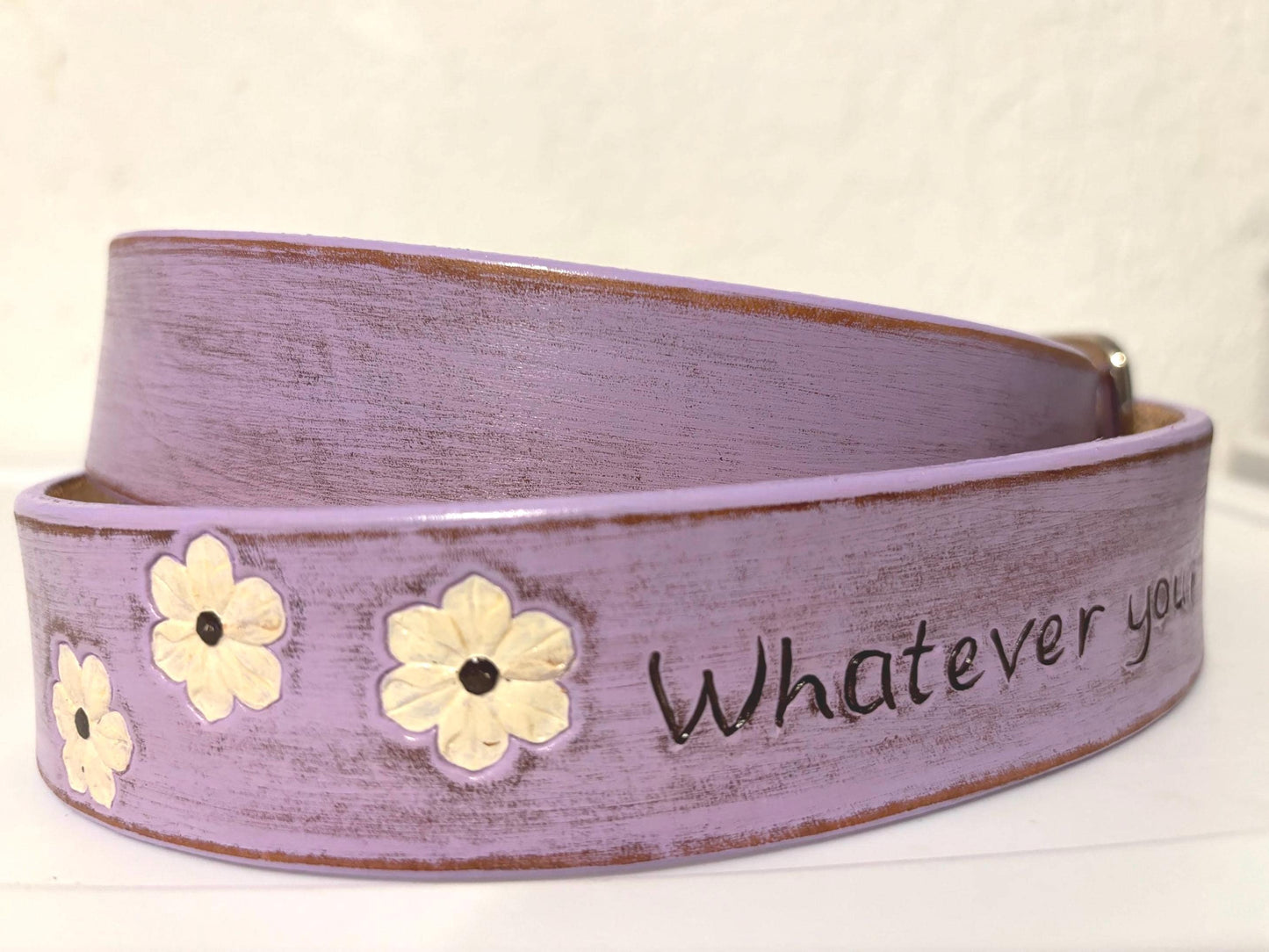 Hand-Painted Lavender Leather Belt: Distressed Floral Design