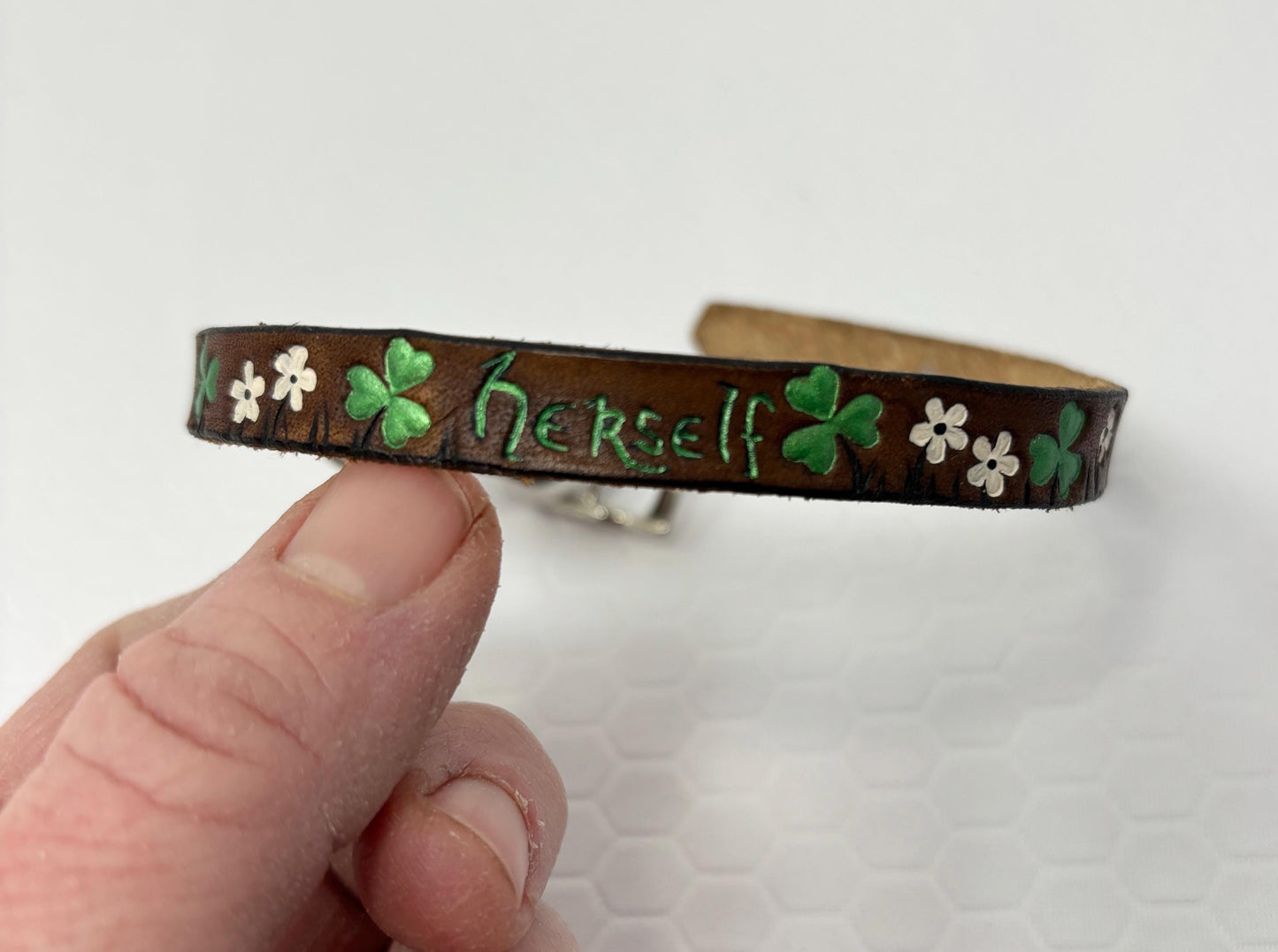 Tiny Saint Patrick's Day Leather Cat Collar: Clover & Flower, Elastic Escape