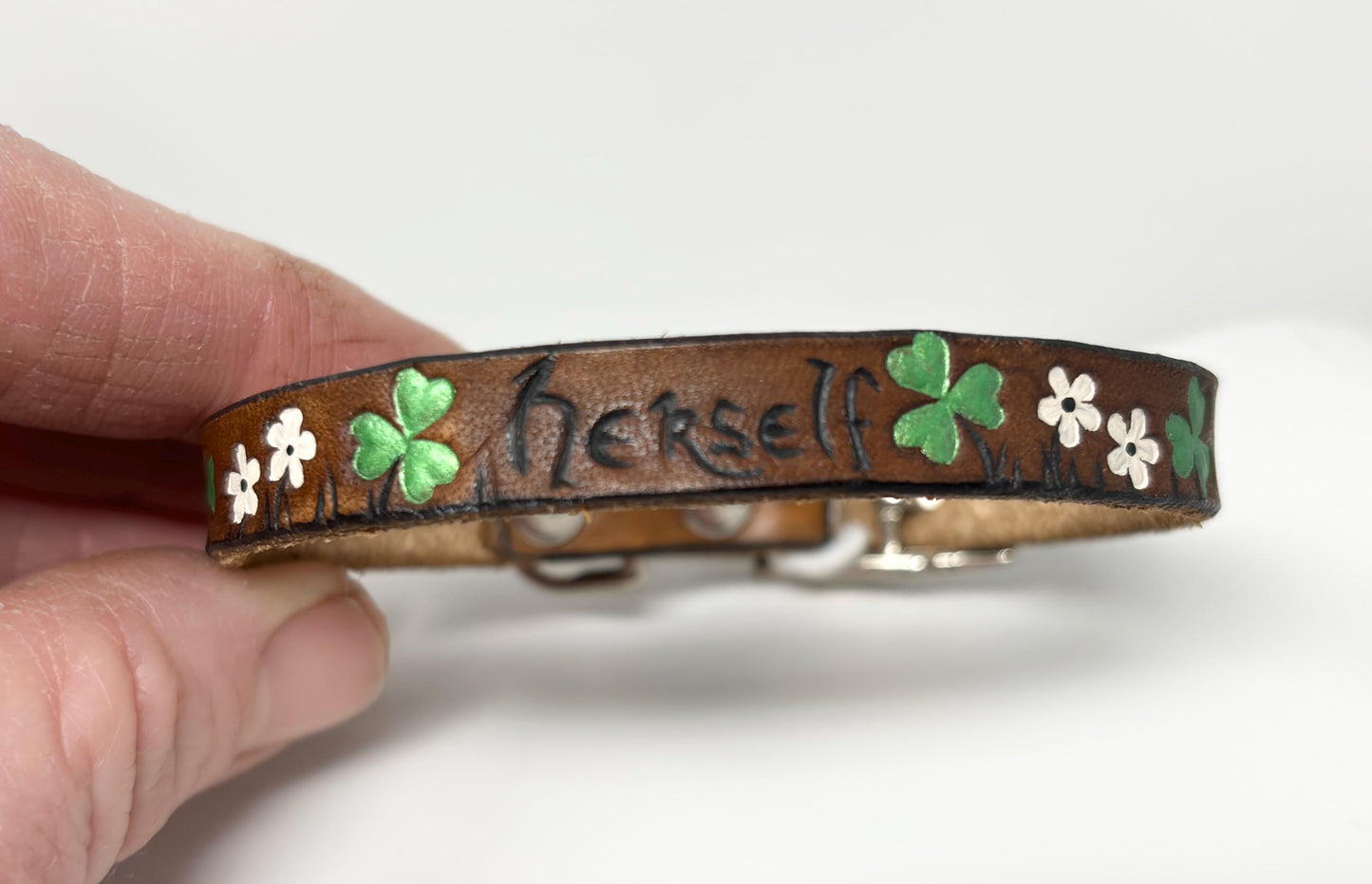 Tiny Saint Patrick's Day Leather Cat Collar: Clover & Flower, Elastic Escape