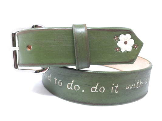 Handcrafted Olive Green Leather Belt: Floral Design, Bible Verse