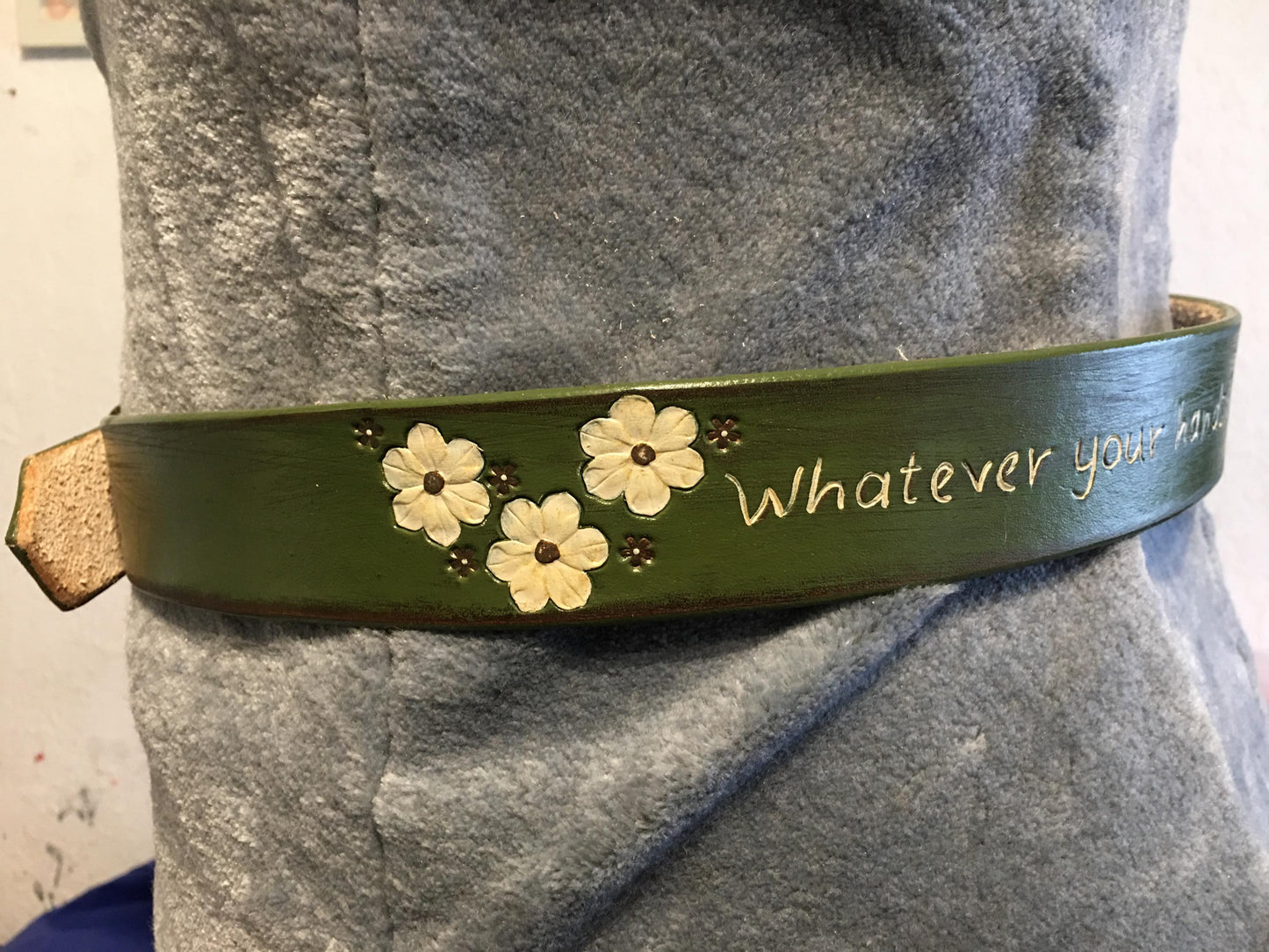 Handcrafted Olive Green Leather Belt: Floral Design, Bible Verse