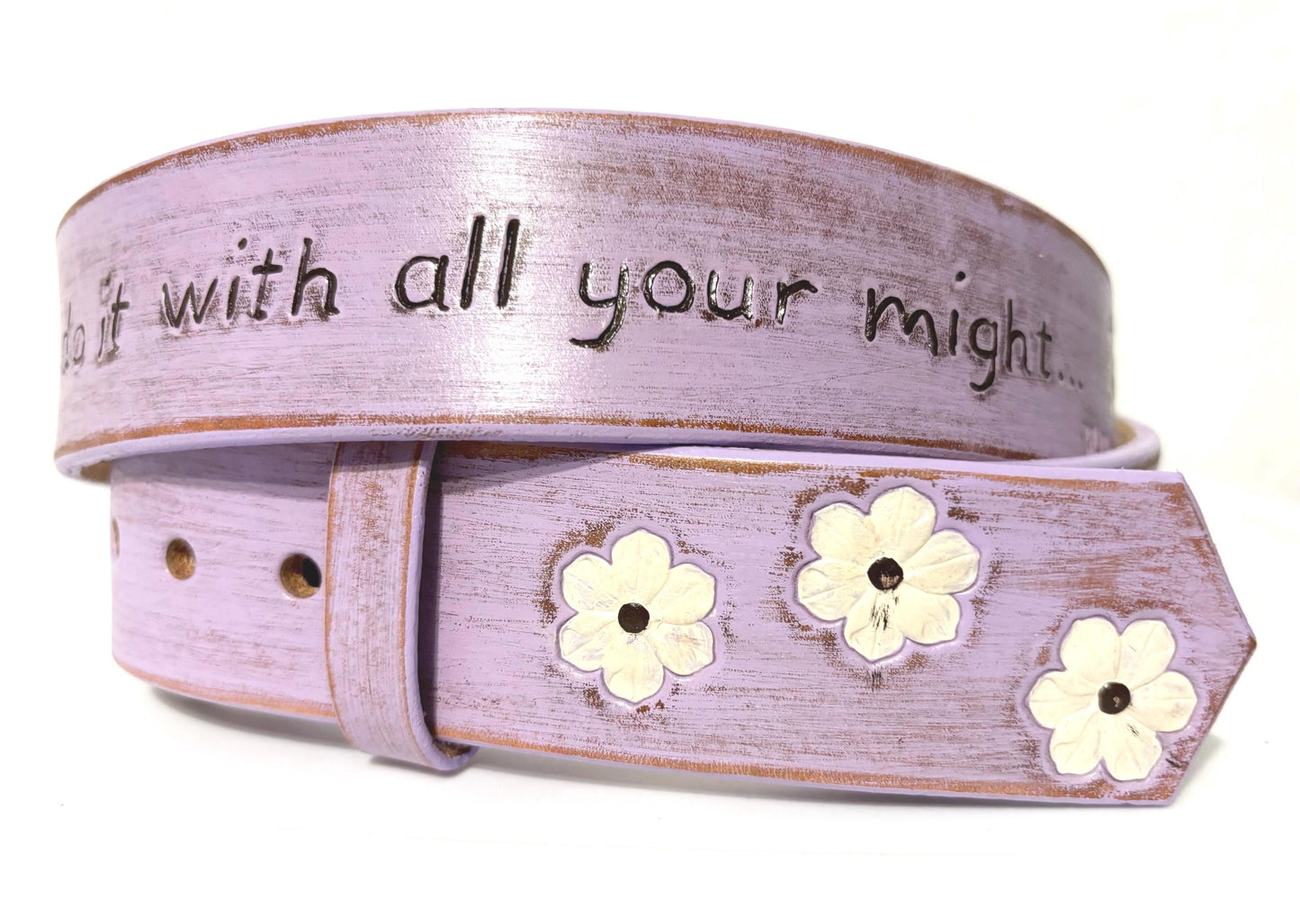 Hand-Painted Lavender Leather Belt: Distressed Floral Design