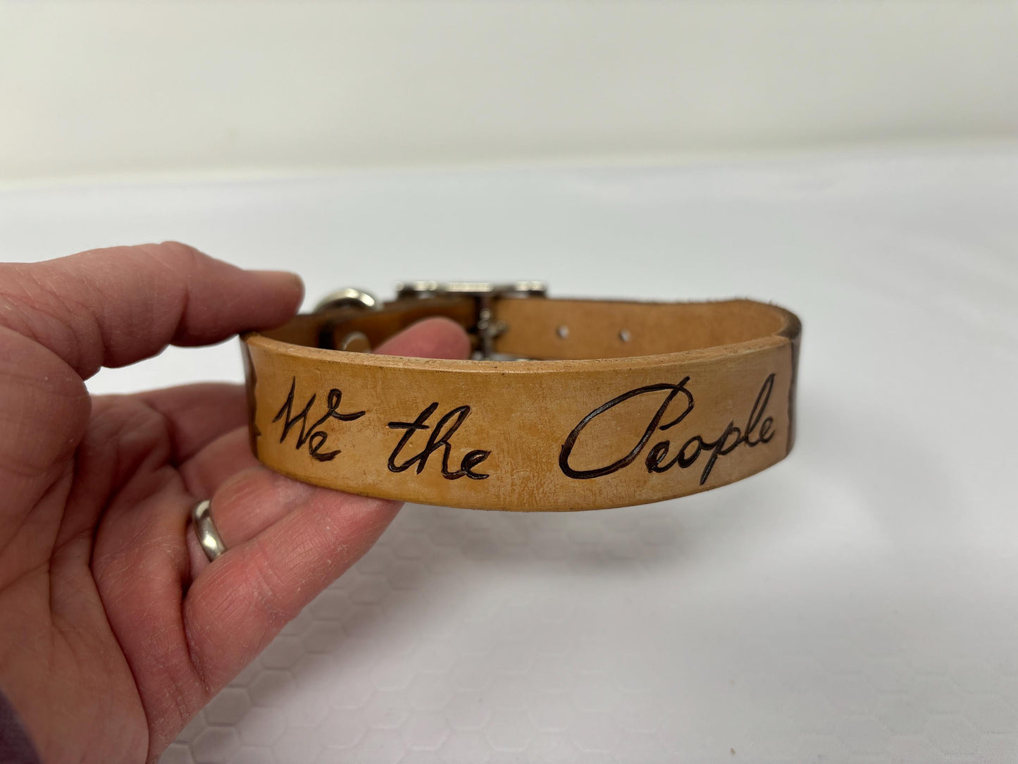 Handmade Leather Dog Collar: Patriotic "We the People" Design