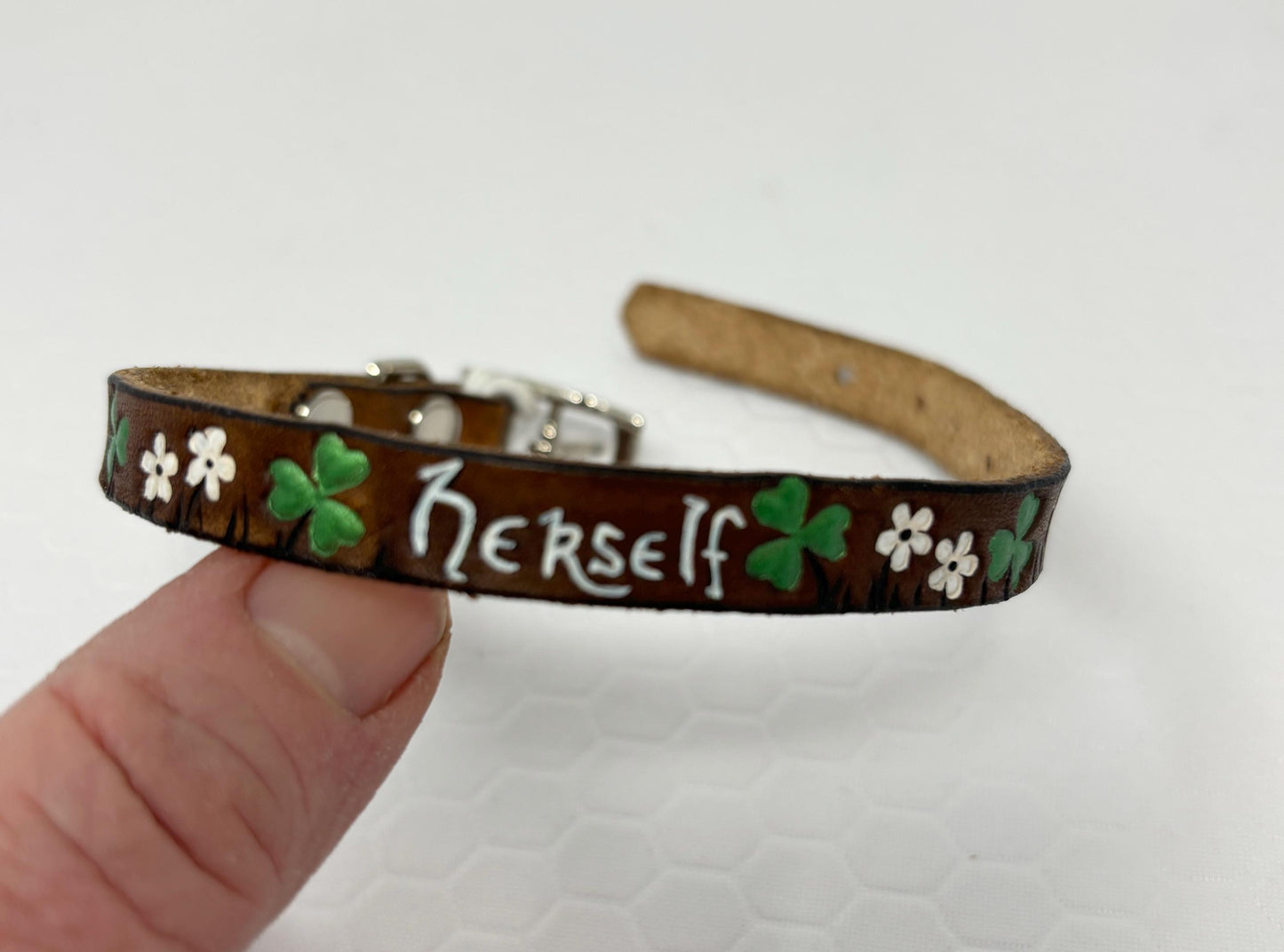 Tiny Saint Patrick's Day Leather Cat Collar: Clover & Flower, Elastic Escape