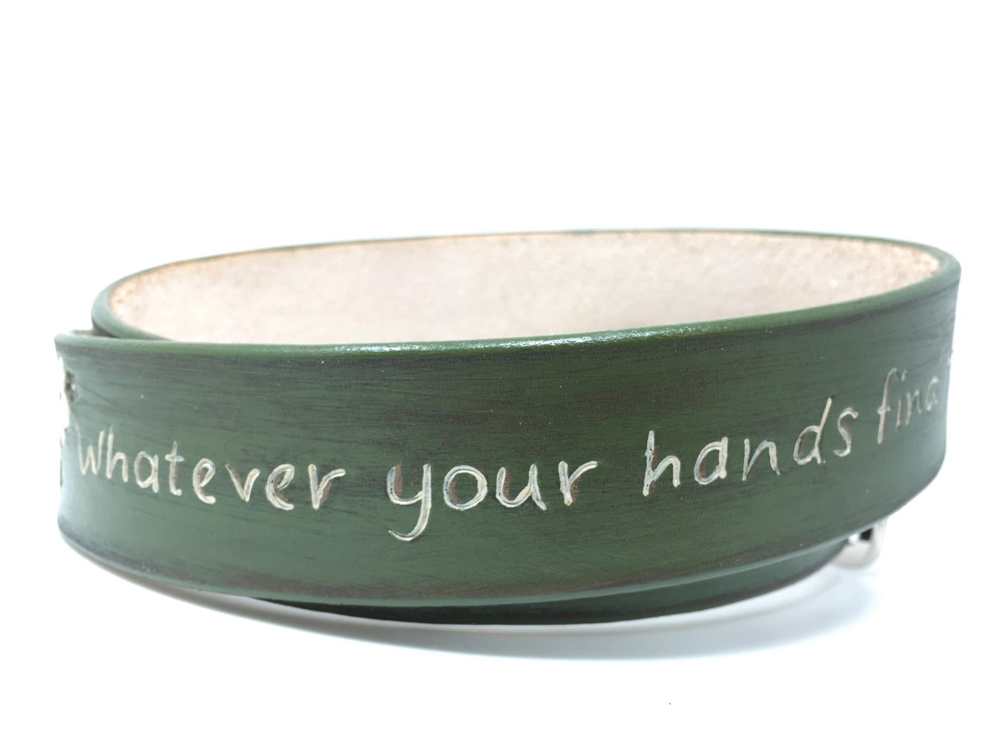 Handcrafted Olive Green Leather Belt: Floral Design, Bible Verse