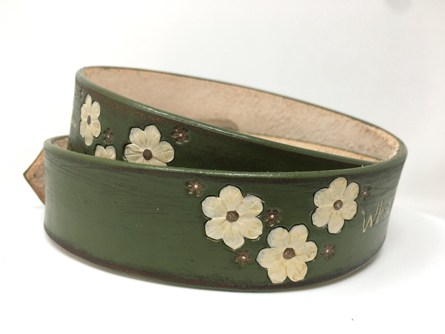 Handcrafted Olive Green Leather Belt: Floral Design, Bible Verse